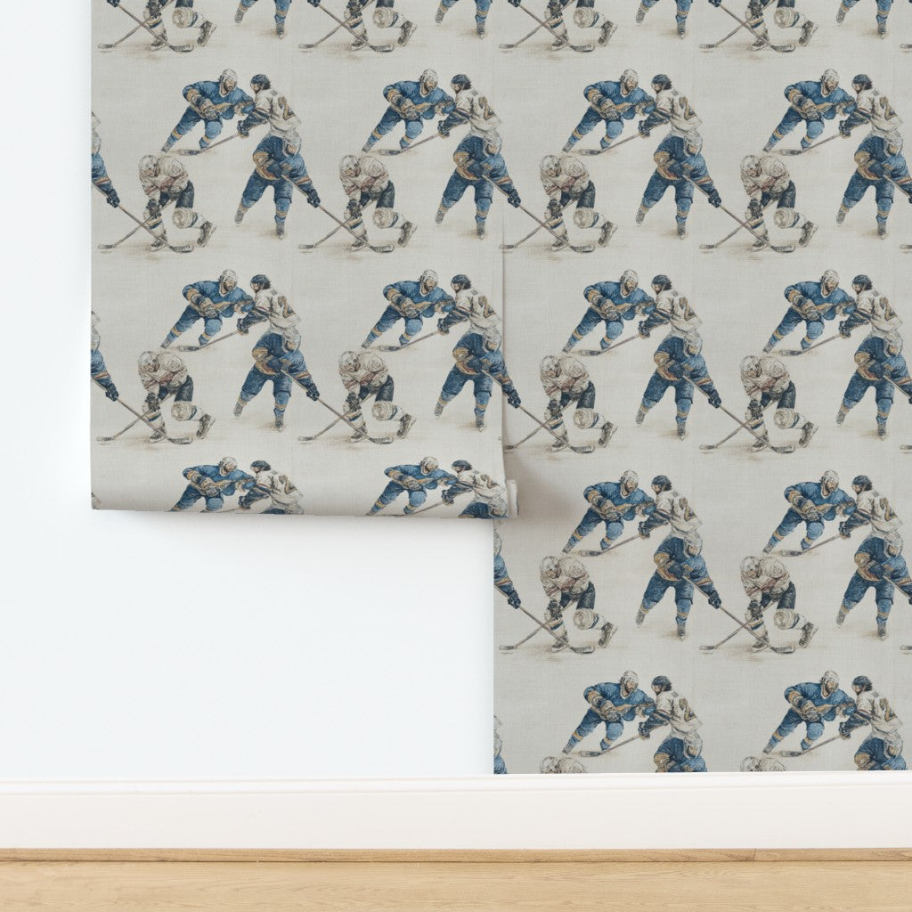 Full repeat pattern of Rinkside Heritage wallpaper, showcasing illustrated players in vintage hockey gear.