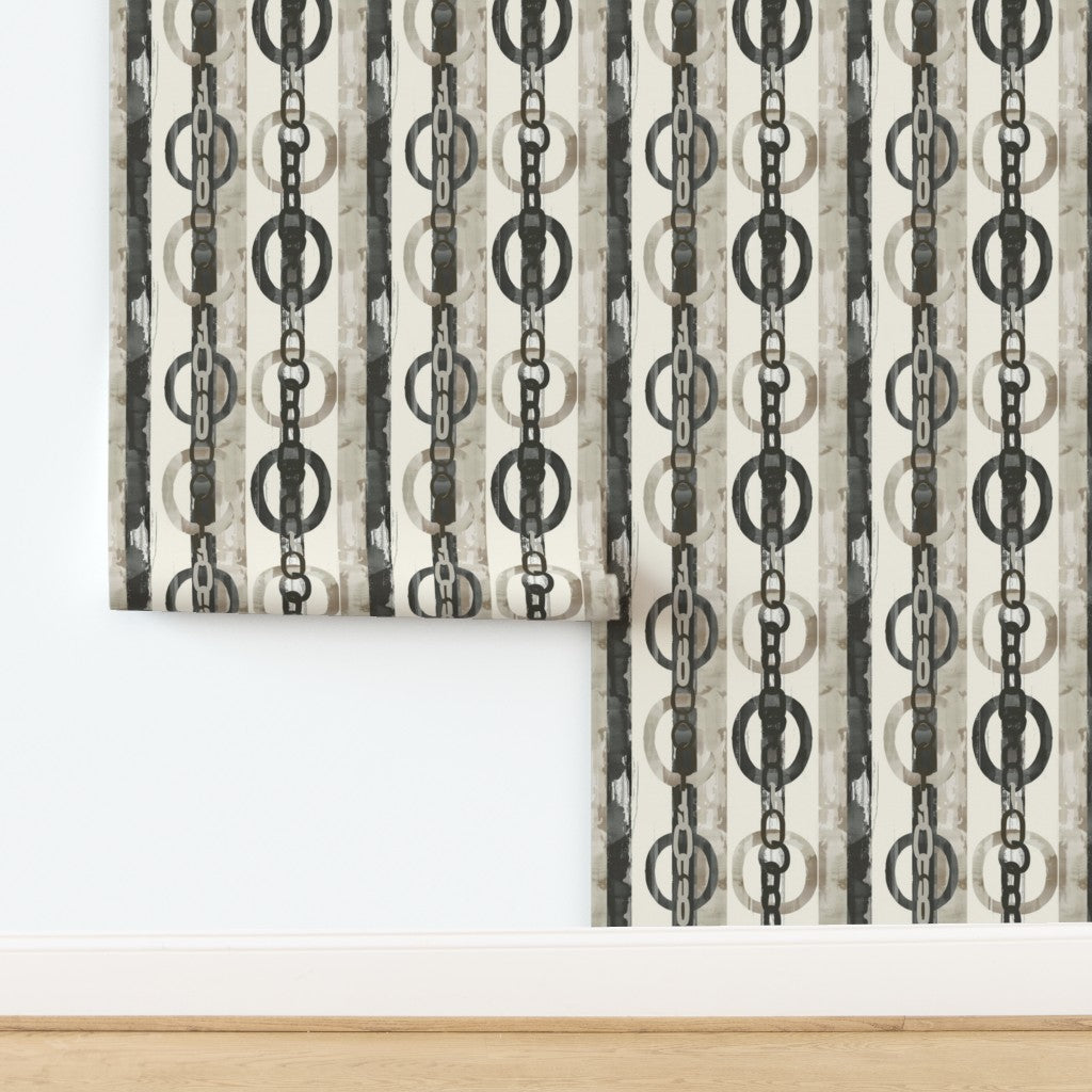 Detail view of the Gilded Chainwork wallpaper roll displaying the industrial pattern texture
