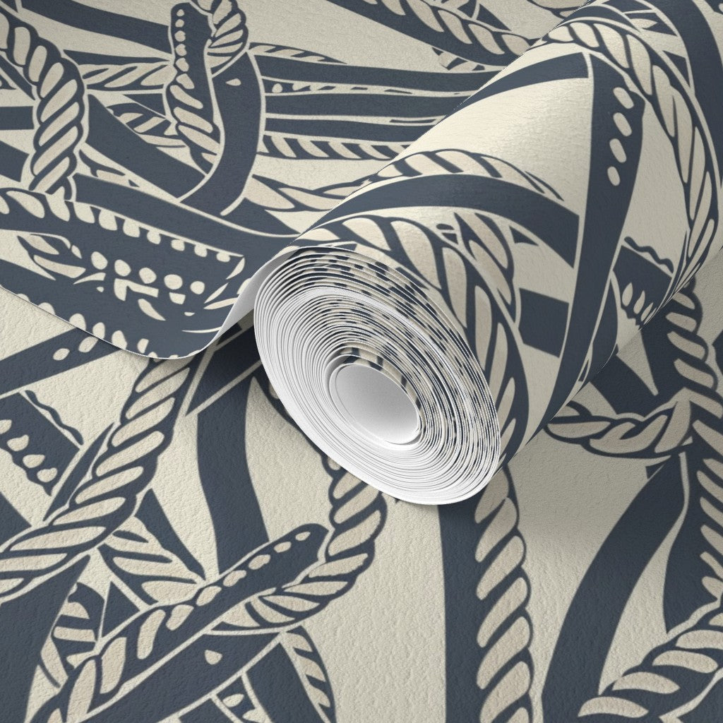 Detail view showing the fine hand-drawn texture of the weathered navy blue dockline rope illustration