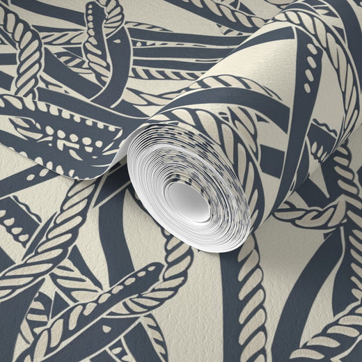 Detail view showing the fine hand-drawn texture of the weathered navy blue dockline rope illustration