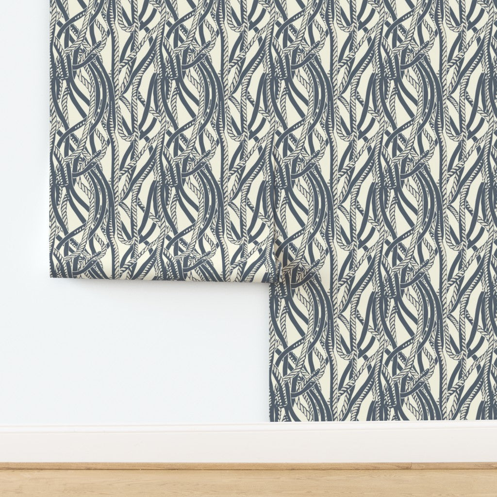Close-up detail of Dockline blue-gray rope-work pattern on non-pasted matte wallpaper substrate
