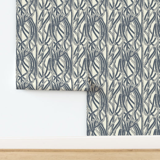 Close-up detail of Dockline blue-gray rope-work pattern on non-pasted matte wallpaper substrate