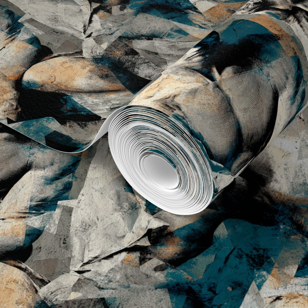 Close-up of the non-pasted matte wallpaper texture showing the bronze and verdigris detail.
