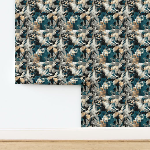 A roll of The Thinker designer wallpaper showing the repeating sculptural pattern.