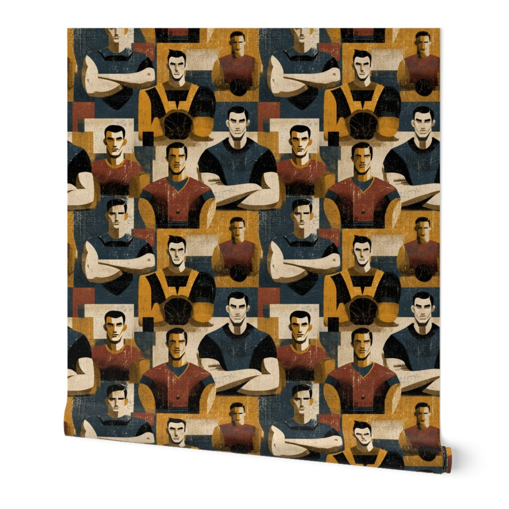 Legacy Field Grid athletic wallpaper pattern featuring stylized figures on a neutral taupe background.