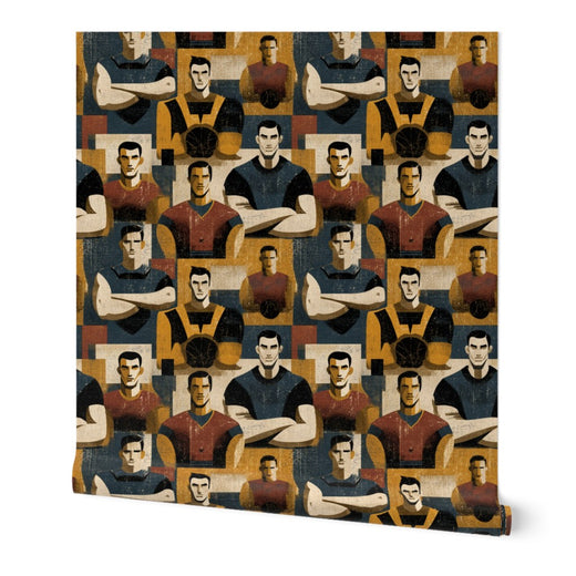 Legacy Field Grid athletic wallpaper pattern featuring stylized figures on a neutral taupe background.