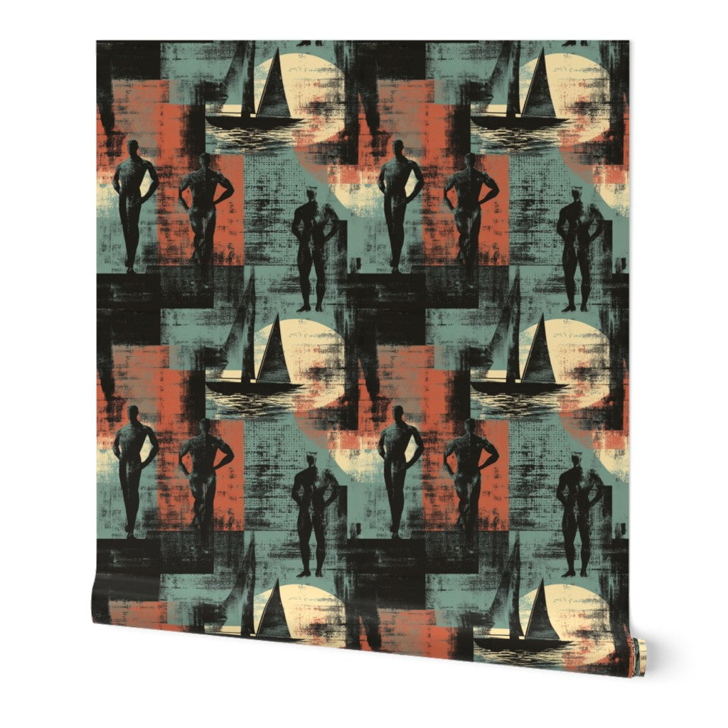 Coastal Sculptors Frieze Wallpaper in a muted blue and cream palette, displaying stylized figures and sailboats.