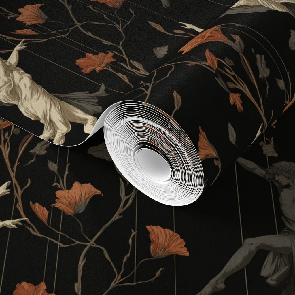 Close-up of the delicate winged fairy motifs on aged plaster textured wallpaper.