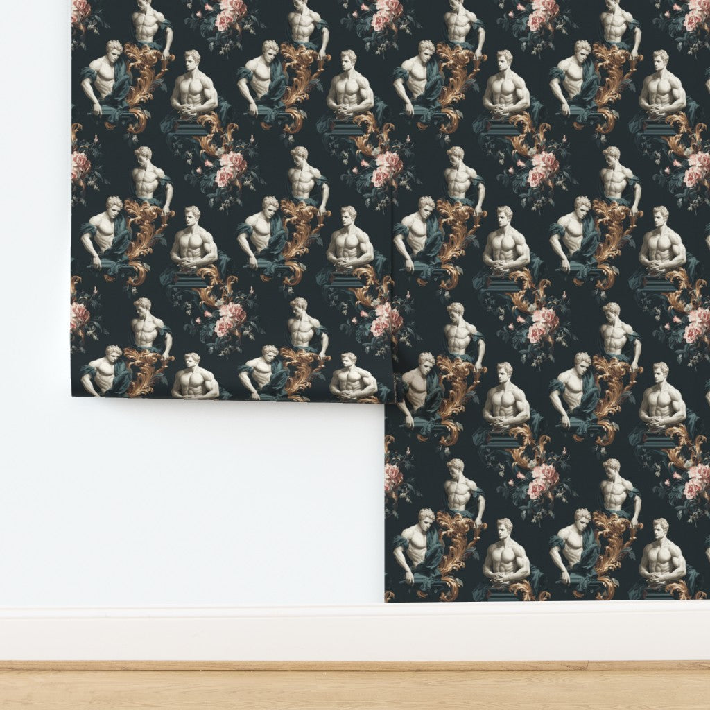 Classical male statue pattern details on a textured designer wallpaper roll.