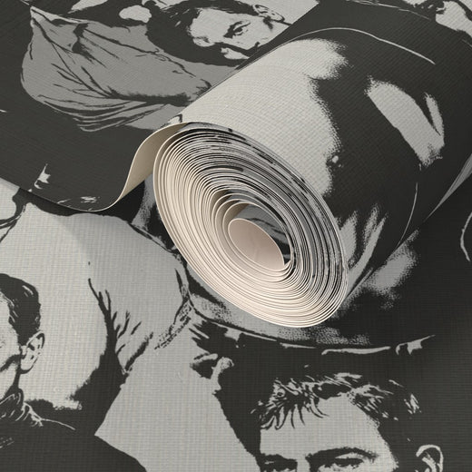 Elegant monochrome wallcovering roll featuring vintage-inspired graphic figures