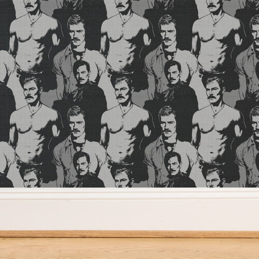 Tailored gentleman portrait wallpaper print detailing the sophisticated repeating motif