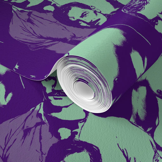 Two rolls of Mint and Purple colorway figurative wallpaper