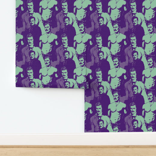 Roll of purple and green gentleman motif wallpaper showcasing edge details