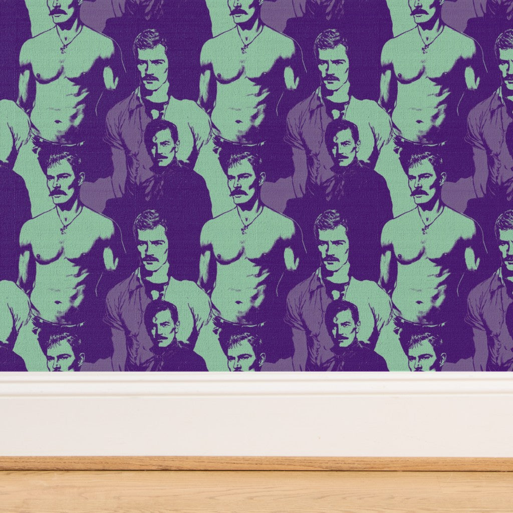 Stacked rolls of Mint and Purple retro gentleman portrait wallpaper