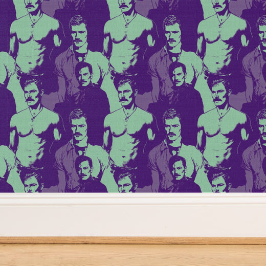 Stacked rolls of Mint and Purple retro gentleman portrait wallpaper