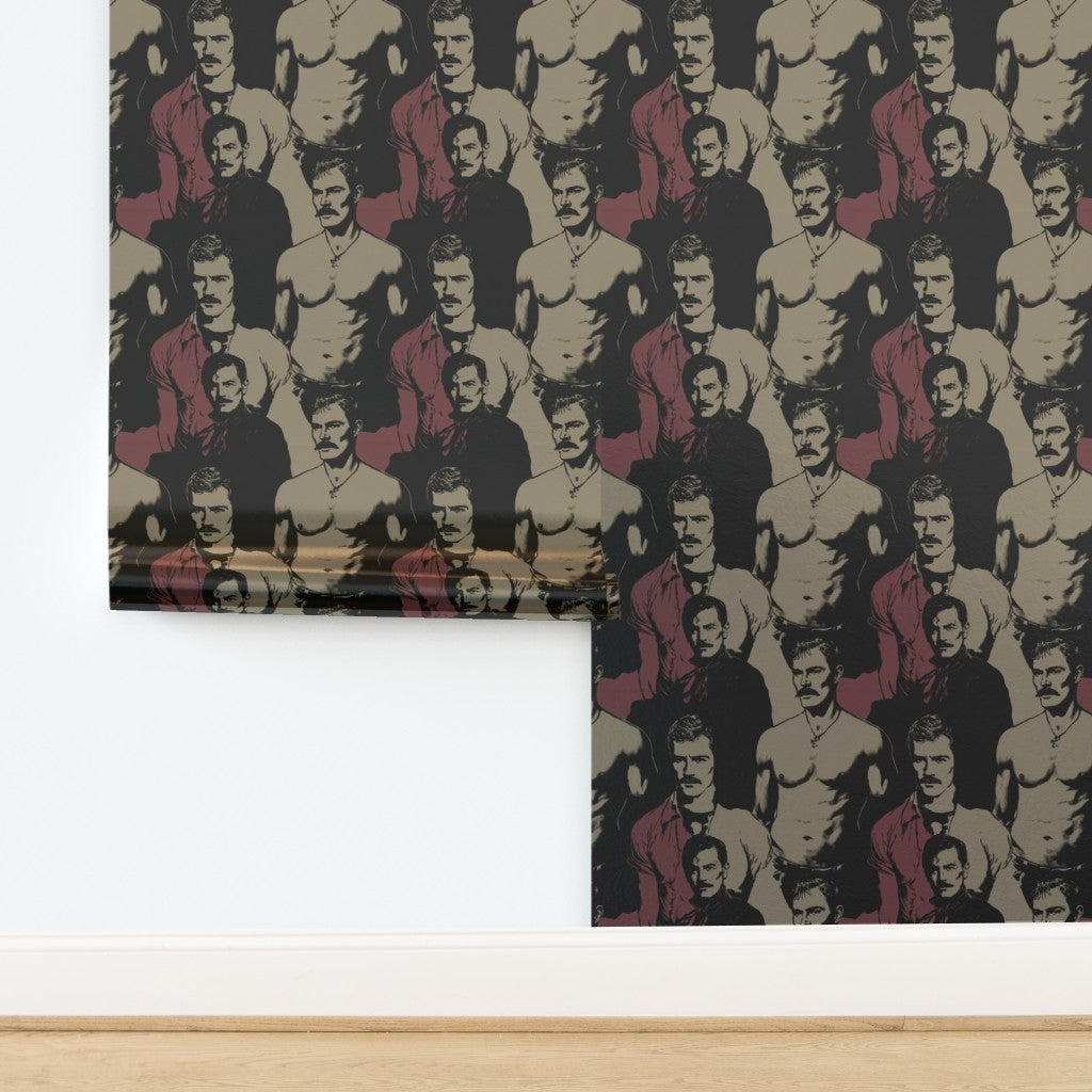 Top-down view of Wine and Stone colorway statement wallpaper rolls