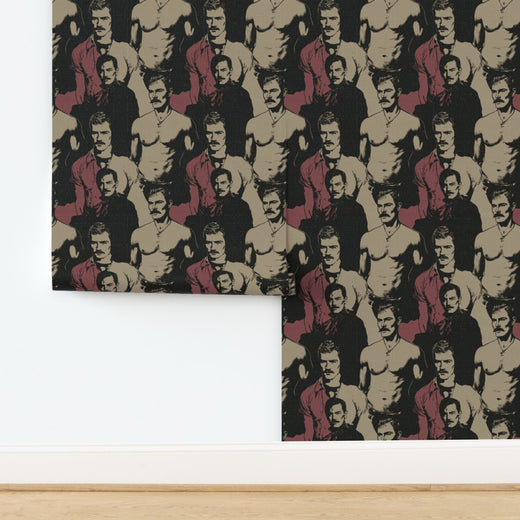 Wine and Stone colorway roll of dapper gentleman wallpaper