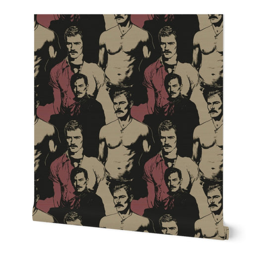 Wine and Stone colorway wallpaper roll with warm red tones and graphic portraits