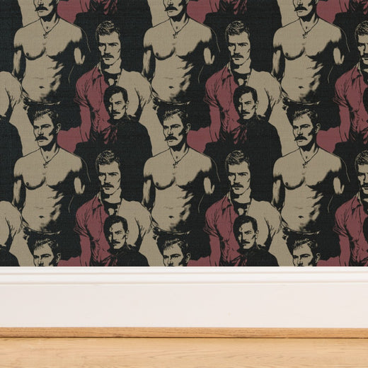 Warm crimson dapper gentleman motif wallpaper rolls grouped together