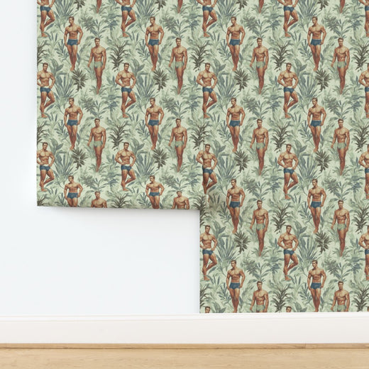 Detailed view of the rich green palm leaves and characters in the Palm colorway.