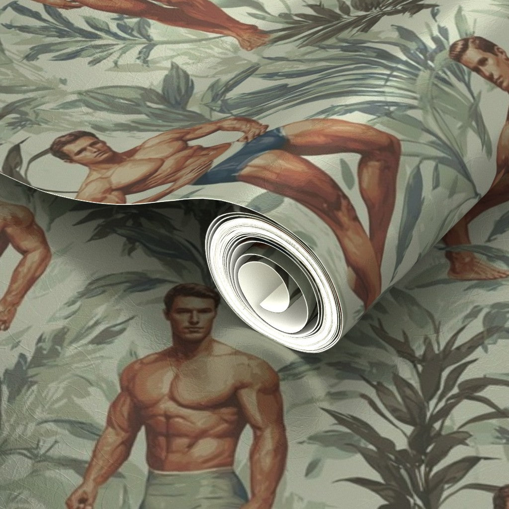 Roll edge and material texture of the green Palm wallpaper.