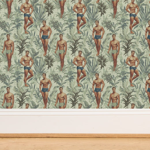 Close-up of the green pigments and print details on Palm wallpaper.