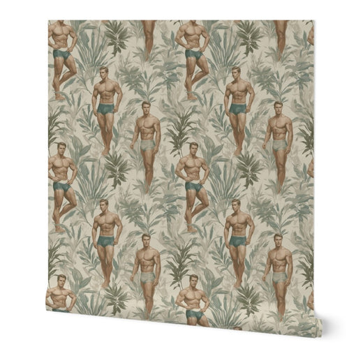 Daddy Hunt Wallpaper in Sand, showing the repeating pattern of beachgoers and palms.