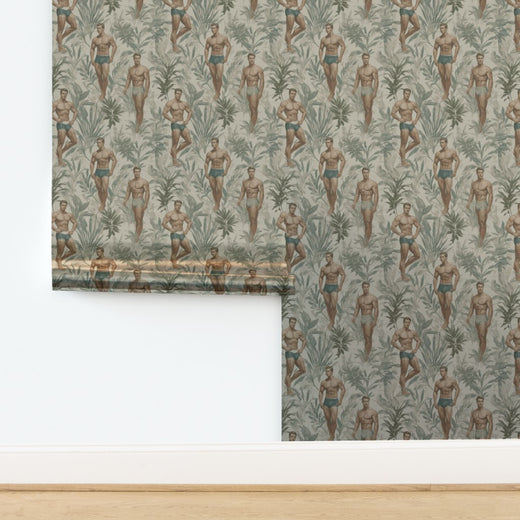 Minimalist interior rendering highlighting the Sand wallpaper accent wall.
