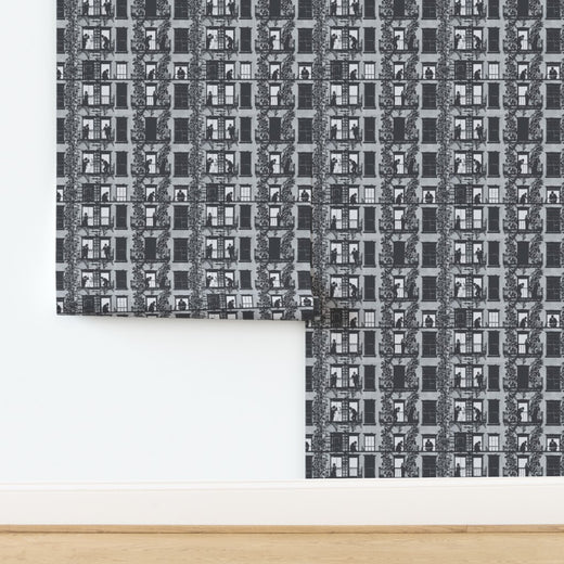 Village Windows Architectural Wallpaper in the cool grey Cloud colorway.