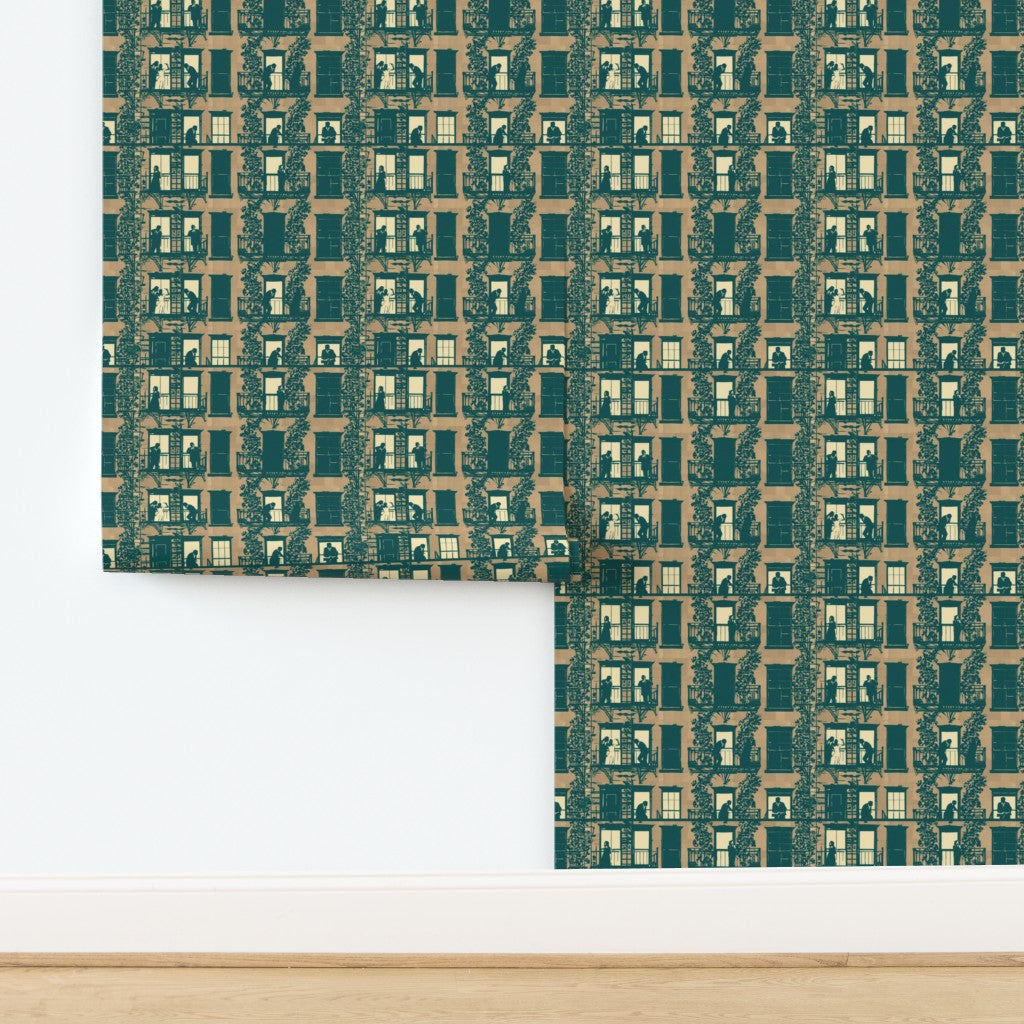 Village Windows Architectural Wallpaper in warm terracotta Adobe colorway.