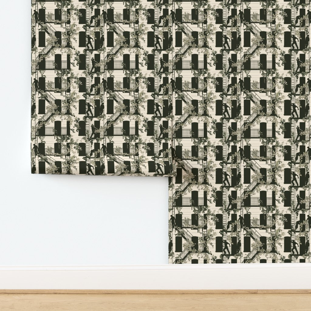 Crisp flat swatch of the Greenwich Village street scene wallpaper pattern in the White colorway.