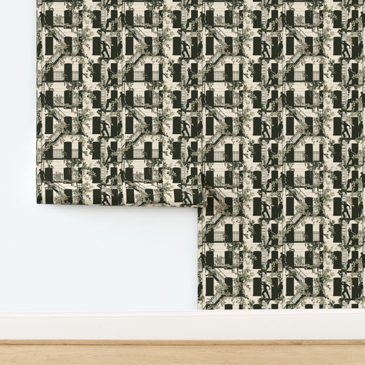 Crisp flat swatch of the Greenwich Village street scene wallpaper pattern in the White colorway.