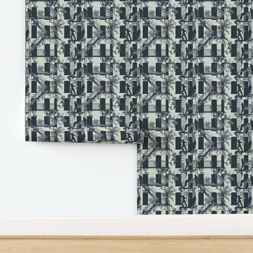 Detailed pattern swatch of the Greenwich Village street scene design in refreshing Mint.