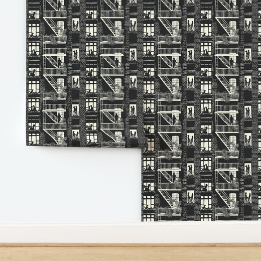 Graphic repeat pattern of Tex in the City wallpaper featuring urban windows and cowboy figures