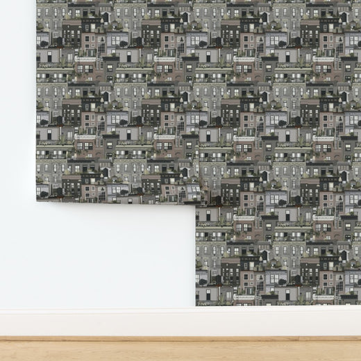 Planted Terraces wallpaper in Grey colorway, featuring trailing botanical vines and balcony garden design.