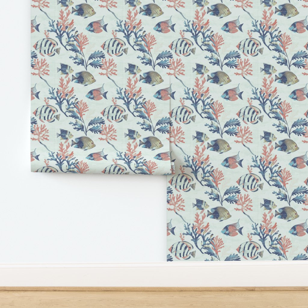 Detailed view of tropical fish wallpaper in light blue with angelfish and tangs.