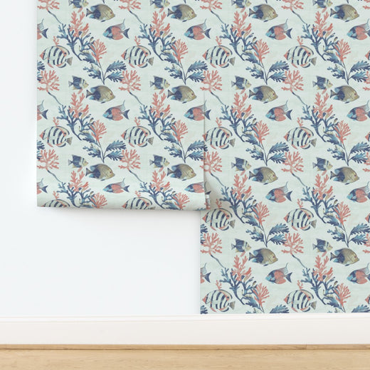 Detailed view of tropical fish wallpaper in light blue with angelfish and tangs.