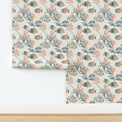 Elegant Off White wallpaper showing detailed angelfish and marine motifs.