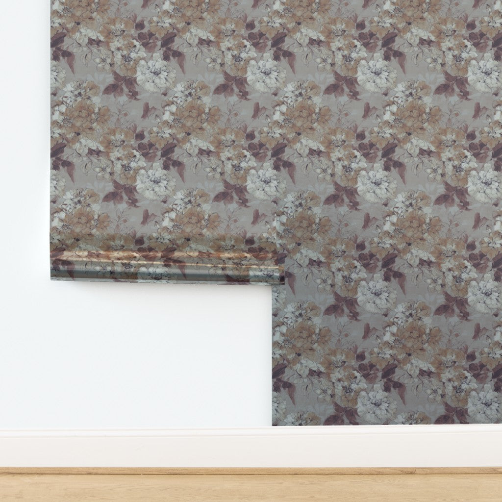 Full pattern repeat of watercolor flora botanical wallpaper in blue and violet.
