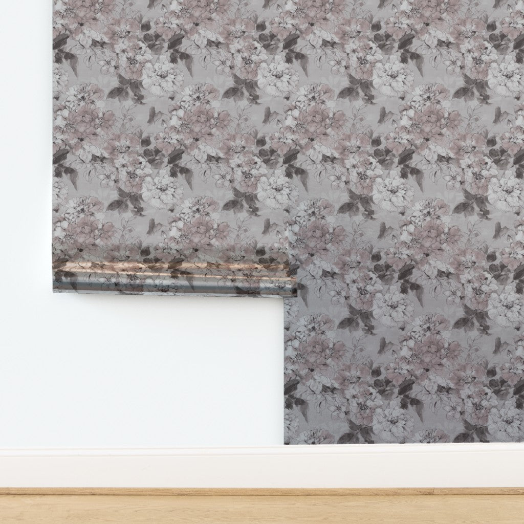 Taupe watercolor flora wallpaper pattern repeat showing botanical details.