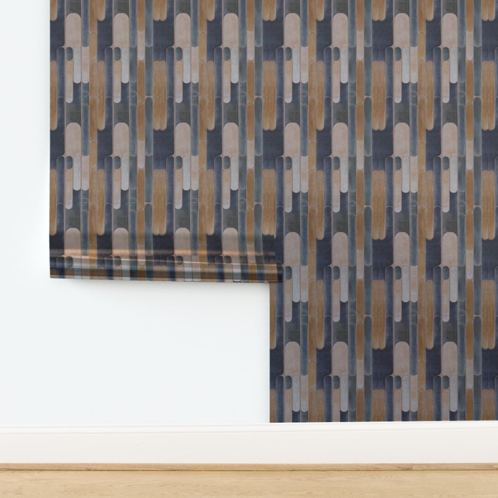 Tempo modernist wallpaper roll displaying colorful geometric bands.