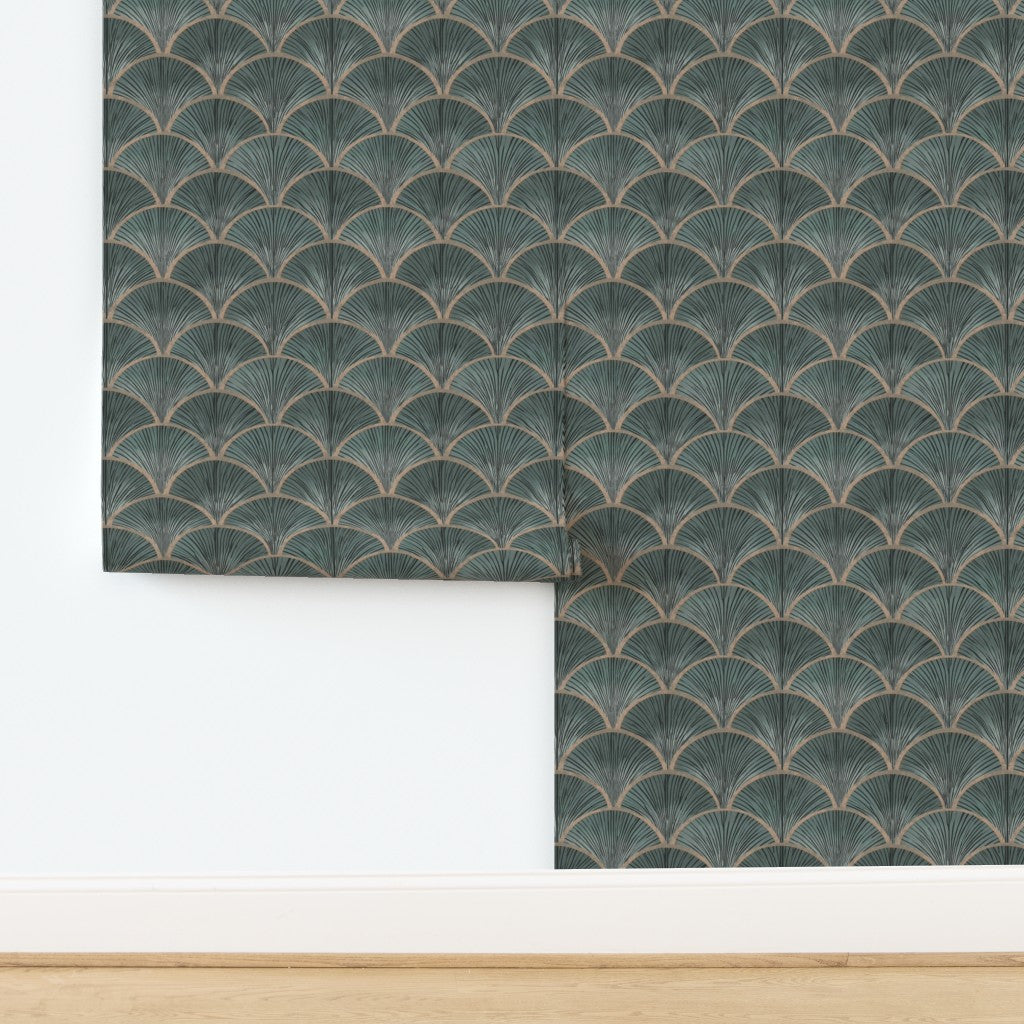 Teal Art Deco fish scale wallpaper panel detail showing overlapping arcs.