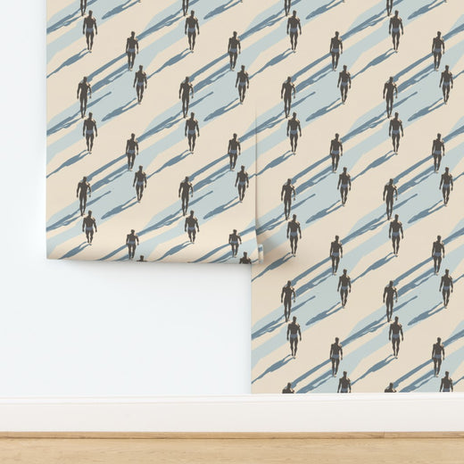 Close-up detail of the Aegean Shadow minimalist wallpaper pattern showing the swimmer motif.