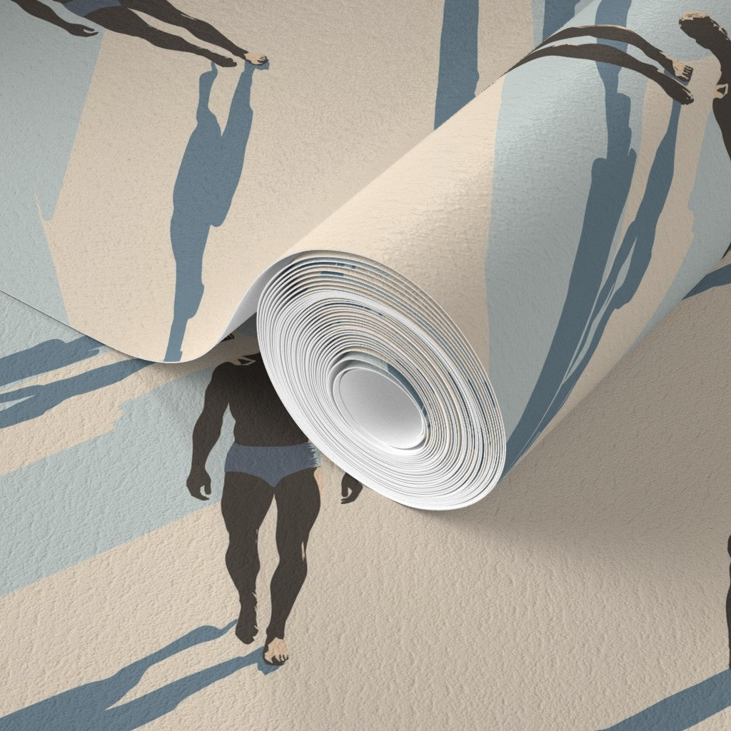 Full-scale repeat pattern of the contemporary swimmer-themed wallpaper in blue and neutral tones.