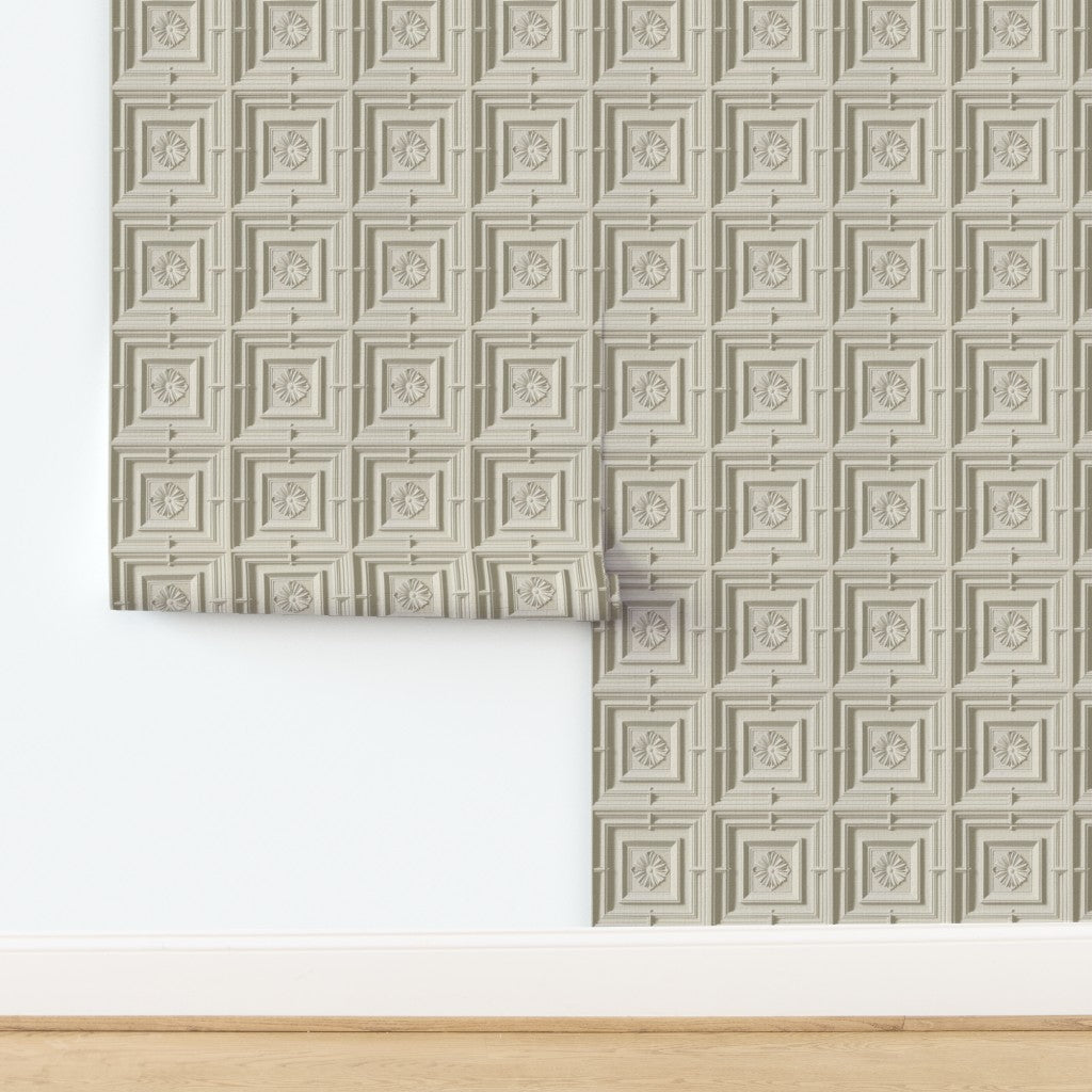 Close-up of the textured paper finish on the Beaux-Arts inspired ceiling medallion wallpaper.