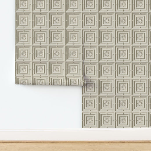 Close-up of the textured paper finish on the Beaux-Arts inspired ceiling medallion wallpaper.