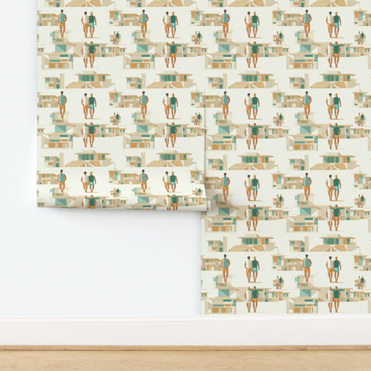 Full repeat pattern of Sunstone Coast Retreat wallpaper in a light alabaster and neutral colorway.