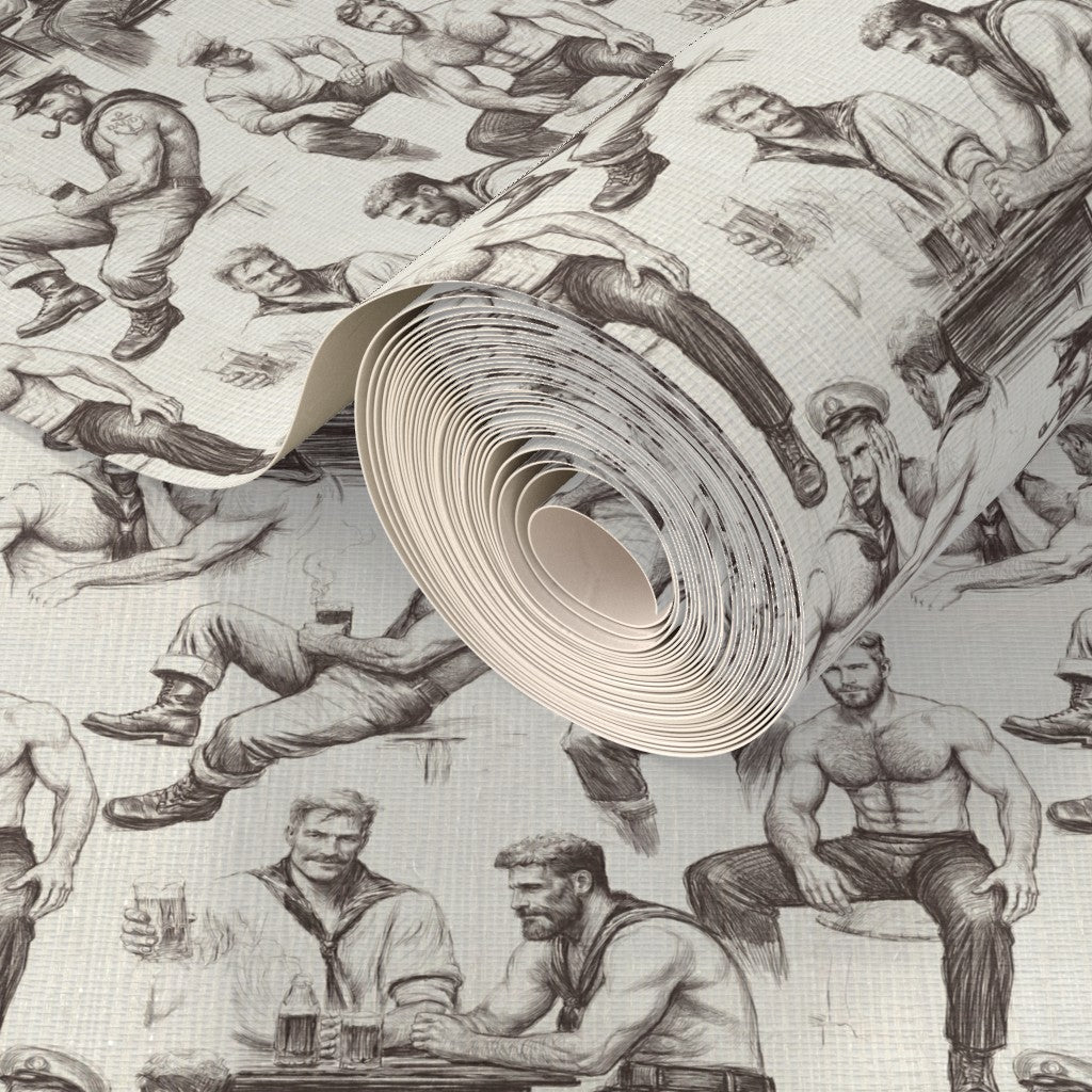 Repeat pattern design showing custom coastal and nautical illustrations on navy background.