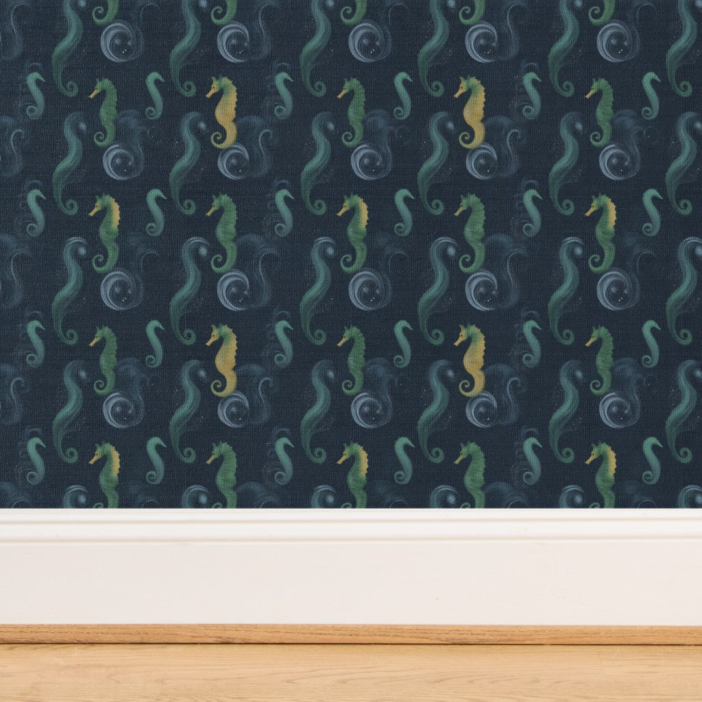 Close-up of the delicate Sea Horse wallpaper motif in a serene sea blue and neutral color palette.