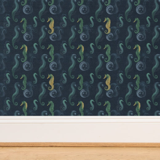 Close-up of the delicate Sea Horse wallpaper motif in a serene sea blue and neutral color palette.